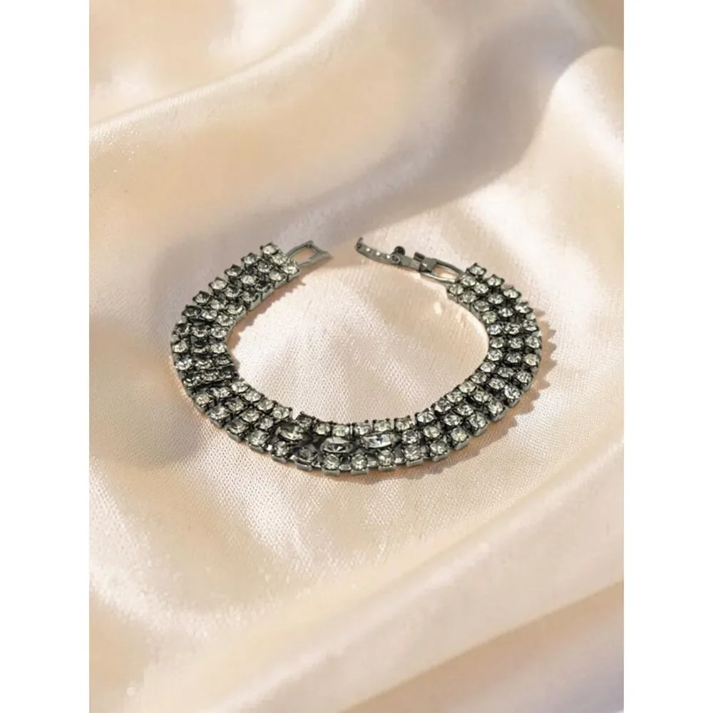 Vintage Clear Rhinestone Tennis Bracelet Multi Row Crystal Hollywood Glam